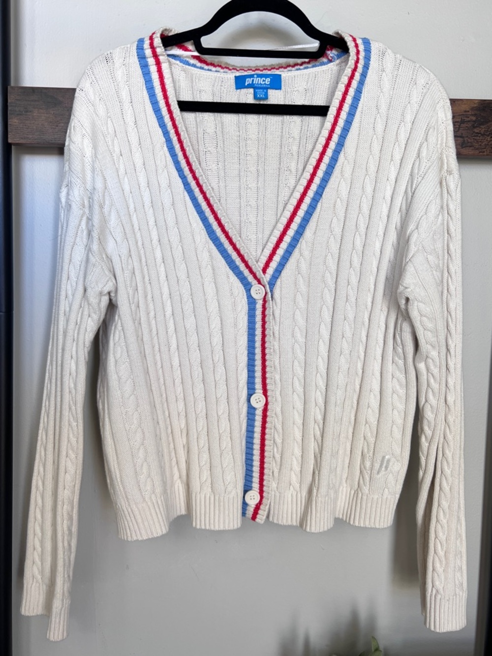 Prince Pickleball Cream Cable-Knit Cardigan with Blue & Red Trim, size XXL